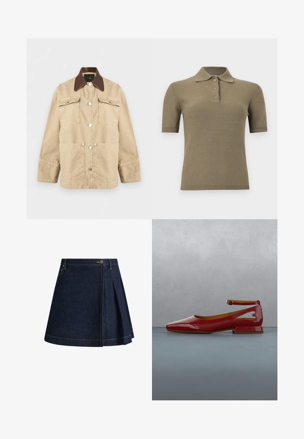 Veste beige à manches longues avec col pointu marron foncé, quatre poches avant et fermetures à boutons-pression argentés au centre.; Polo en maille vert olive à manches courtes avec col et trois boutons sur un fond blanc uni.; Jupe en denim bleu foncé avec un design plissé, des coutures visibles et une fermeture à bouton à la taille. Présente une coupe classique en A.; Ballerine plate rouge brillante avec bride à la cheville flottant au-dessus d'un bloc de bois et d'une surface extérieure en galets, arbuste vert flou et pierre en arrière-plan.