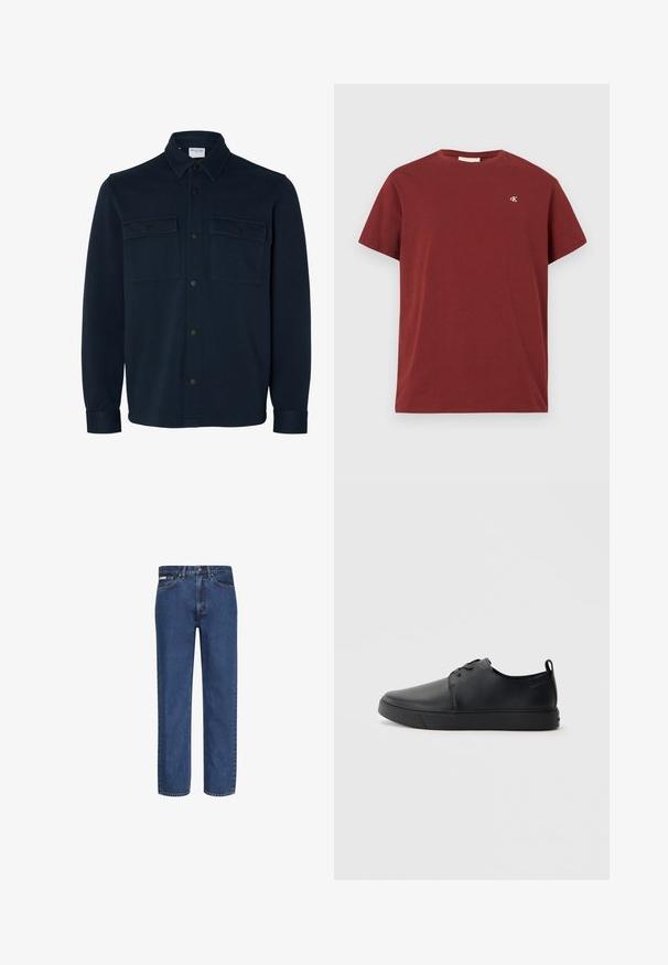 Veste-chemise bleu marine foncé à manches longues, avec col et deux poches poitrine à rabats boutonnés.; T-shirt en coton bordeaux à manches courtes, col rond, avec un petit logo brodé sur la poitrine gauche. Texture lisse.; Jean bleu à jambes droites en denim, doté de cinq poches, d'une fermeture par bouton et zip, et d'un léger délavage sur le tissu.; Baskets en cuir noir avec une finition lisse, bout arrondi, coutures ton sur ton, devant à lacets et semelle plate en caoutchouc. Anse au talon.