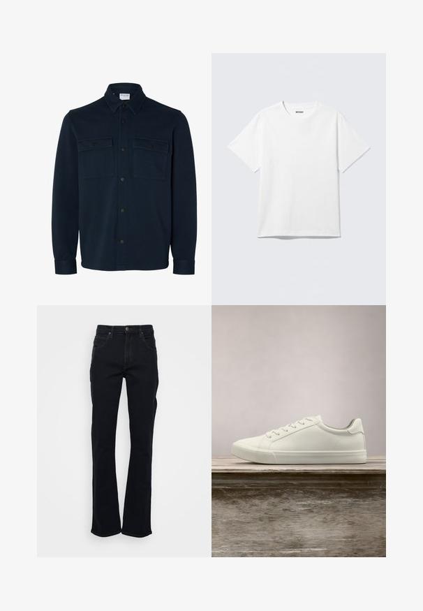 Skjortejakke i mørk marineblå med lange ærmer, krave og to brystlommer med knapklapper.; Hvid kortærmet crewneck T-shirt lagt fladt ud, ensfarvet design, med "WEEKDAY" mærkat inde i kraven på en lys baggrund.; Sorte jeans med lige ben, fem-lomme design, knap- og lynlås lukning samt synlige syninger på hvid baggrund.; Hvide snørresneakers svævende over en træbænk med grønne planter i baggrunden, der fremhæver skodesign og tekstur.