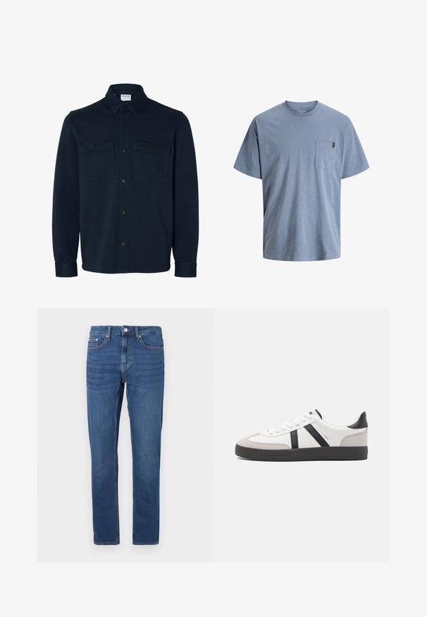 Veste-chemise bleu marine foncé à manches longues, avec col et deux poches poitrine à rabats boutonnés.; T-shirt en coton bleu avec col rond et manches courtes. Doté d'une poche plaquée sur la poitrine gauche et d'une finition texturée.; Jean denim bleu à coupe droite, design à cinq poches, avec des coutures apparentes le long de la ceinture et de l'ourlet, équipé d'une fermeture classique par bouton.; Baskets blanches avec des accents noirs et gris, présentant un embout texturé gris, une semelle en caoutchouc noir et des lacets plats blancs. Design épuré, style minimaliste.
