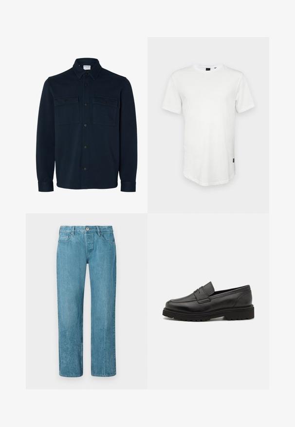 Veste-chemise bleu marine foncé à manches longues, avec col et deux poches poitrine à rabats boutonnés.; T-shirt blanc à manches courtes en coton, avec un col rond et un dos légèrement allongé, arborant un petit logo sur le côté.; Jeans en denim bleu clair avec une coupe droite, comportant cinq poches, des passants de ceinture et une fermeture à bouton. Texture lisse avec un léger délavage.; Mocassin en cuir noir avec un bout rond, des détails cousus, et une semelle épaisse et texturée. Présente un design élégant et minimaliste.