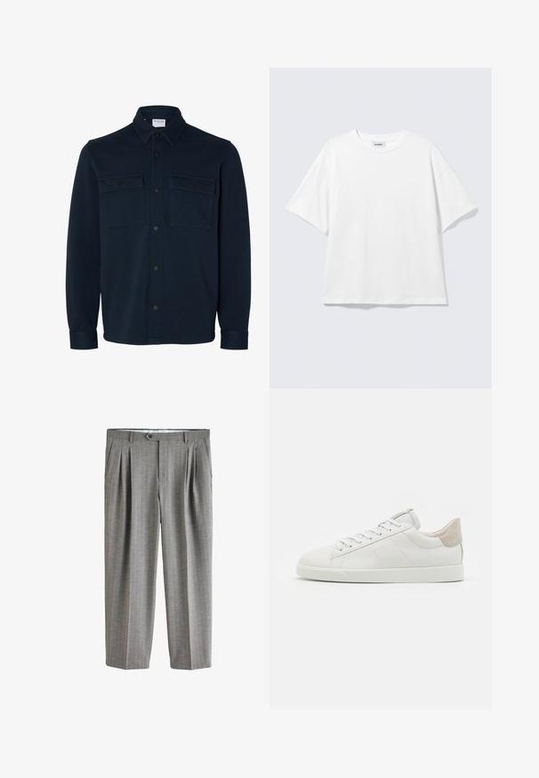 Veste-chemise bleu marine foncé à manches longues, avec col et deux poches poitrine à rabats boutonnés.; T-shirt blanc oversize à manches courtes, col rond, épaules tombantes, posé à plat sur fond gris clair.; Pantalon de costume gris avec un motif subtil à fines rayures verticales, plis avant, passants pour ceinture, poches latérales, et une fermeture à bouton à la taille.; Sneaker en cuir blanc avec une surface lisse, un bout arrondi et un accent en cuir suédé gris clair au niveau du talon, doté d'une semelle en caoutchouc plate.