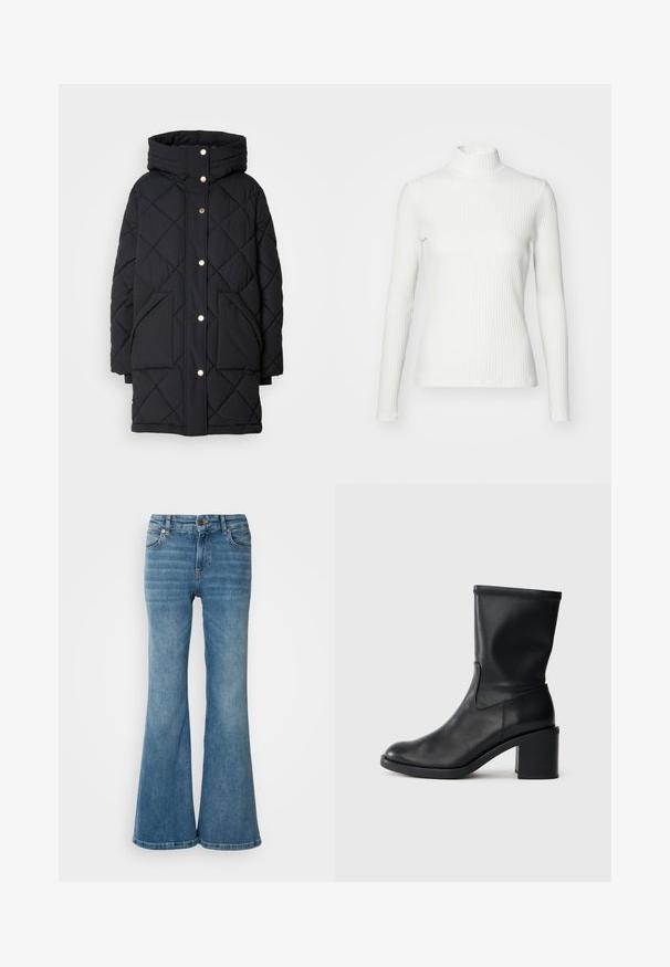 Gesteppten schwarzen Pufferjacke mit Kapuze, ausgestattet mit goldenen Druckknöpfen und zwei Fronttaschen, aus isolierendem Material für Wärme.; Weißes geripptes Turtleneck-Oberteil mit langen Ärmeln, aus elastischem Stoff. Verfügt über ein enganliegendes Design und einen hohen Kragen für zusätzlichen Schutz.; Hellblaue, weit geschnittene Jeans aus Denim, mit fünf Taschen, sichtbaren Nähten und einem Knopf- sowie Reißverschlussverschluss an der Taille.; Schwarze Leder-Ankle Boots mit runder Zehenform, glatter Oberfläche und dicker Absatz, ausgestattet mit einem eng anliegenden Schaft und subtilen Nähten.