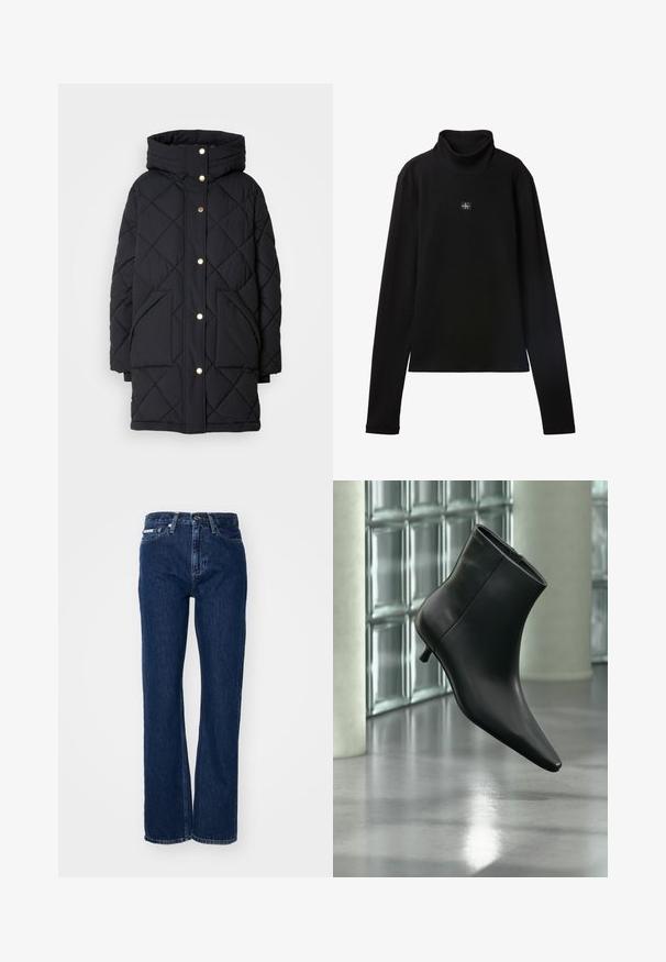 Gesteppten schwarzen Pufferjacke mit Kapuze, ausgestattet mit goldenen Druckknöpfen und zwei Fronttaschen, aus isolierendem Material für Wärme.; Schwarzes, geripptes Langarm-Top mit Rollkragen und kleinem quadratischem Calvin Klein Logo-Patch zentral auf der Brust.; Dunkelblaue Jeans aus Denim mit geraden Beinen, Knopfverschluss und fünf Taschen. Der Stoff hat eine leichte Textur und dezente Stickdetails.; Schwarzer Leder-Stiefelette mit spitzer Zehenpartie und niedrigem Kitten-Heel, schräg dargestellt vor einem polierten Boden und einer Glasbausteinwand.