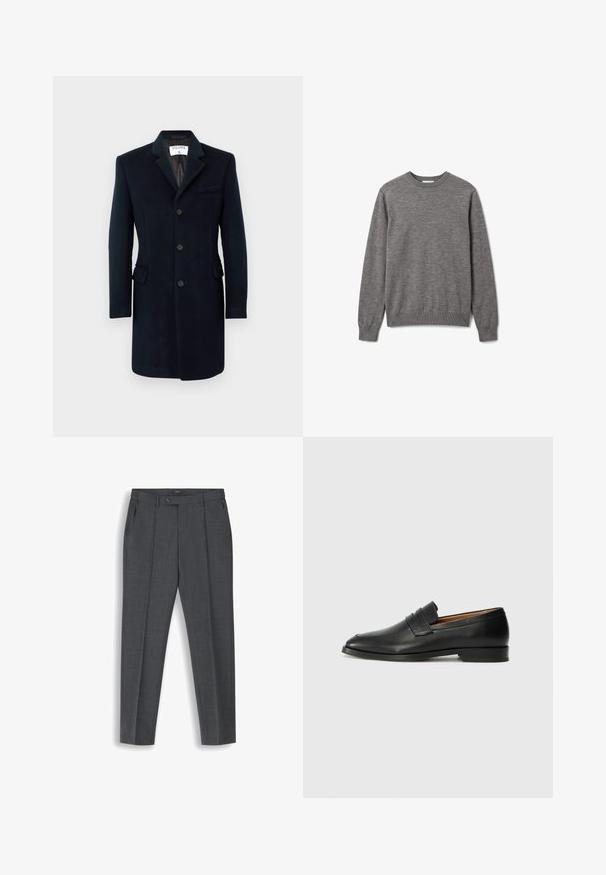 Manteau en laine marine au fit ajusté, design à un seul boutonnage, revers crantés et trois boutons. Comprend deux poches latérales et une poche poitrine.; Pull gris pour homme à manches longues et col rond, avec poignets et ourlet côtelés, orné d'un petit logo discret sur la poitrine gauche.; Pantalon homme gris foncé ajusté avec plis sur le devant, passants de ceinture, poches latérales et fermeture de la taille par bouton.; Mocassin en cuir noir avec un bout arrondi, des coutures subtiles et un talon bas, présentant une texture lisse et un design minimaliste.