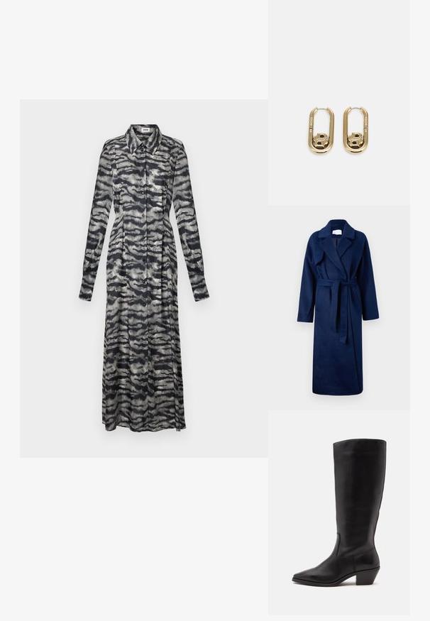 Navyblauwe, lange mouwen badjas met een brede kraag, ceintuur in de taille, twee voorkwant en een zachte, gestructureerde stof.; Lange gemusterde jurk in zwart en grijs met een kraag, lange mouwen, knoopsluiting en een vloeiende pasvorm, met een golvend abstract ontwerp.; Zwarte leren laars tot half op de kuit met een puntige neus en een lage schuine hak op een effen lichte achtergrond.; BOSS DOUBLE B SWING - Oorbellen - gold-coloured