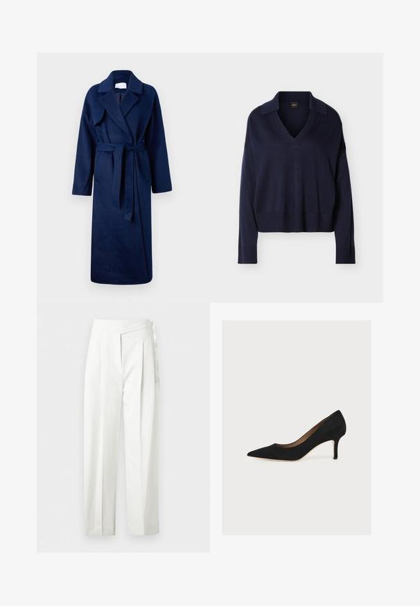 Robe bleu marine à manches longues avec un large col, une taille ceinturée, deux poches avant et un tissu doux et texturé.; Pull bleu marine à manches longues avec col en V, col, poignets et ourlet côtelés, présenté sur fond blanc uni.; Pantalon blanc taille haute avec plis et détail de nœud sur le côté, coupe droite et fermeture cachée.; Escarpin en daim noir à bout pointu, talon aiguille de hauteur moyenne et semelle intérieure beige sur fond clair.