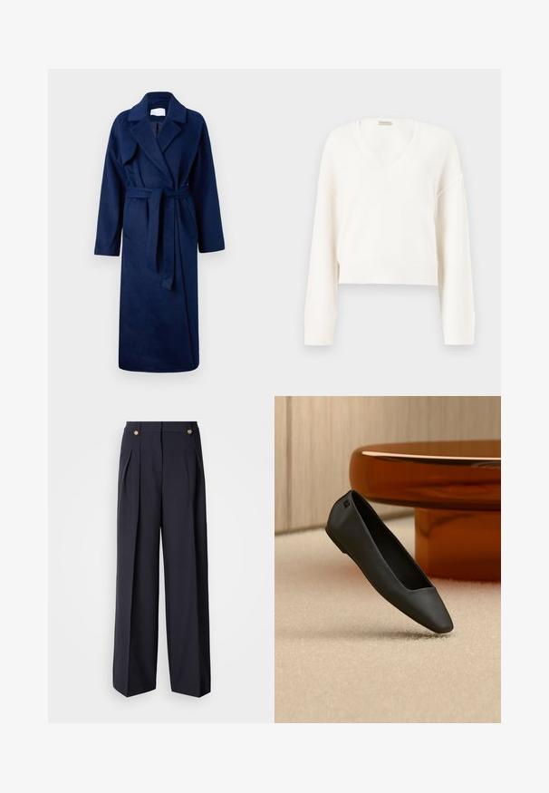 Navyblauwe, lange mouwen badjas met een brede kraag, ceintuur in de taille, twee voorkwant en een zachte, gestructureerde stof.; Witte gebreide cropped trui met lange mouwen en een V-hals, getoond op een neutrale achtergrond.; Wijde broekspijpen gemaakt van donker stof, met twee voorplooien, een hoge taille en gouden knopen aan de voorkant.; Zwarte platte schoen met puntige neus, rustend op een beige tapijt naast een ronde amberkleurige tafel in een minimalistische kamer.
