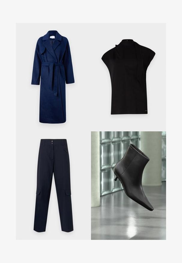 Navyblauwe, lange mouwen badjas met een brede kraag, ceintuur in de taille, twee voorkwant en een zachte, gestructureerde stof.; Zwarte top met hoge hals en kapmouwen, met een asymmetrisch ontwerp en een lange nekband. Gemaakt van een gladde stof met een minimalistische uitstraling.; Marine cargobroek gemaakt van een geweven materiaal, met twee zijzakken, een knoopsluiting en een rechte pijpdesign.; Zwarte leren enkellaars met puntige neus en lage hak, afgebeeld tegen een glazen blokkenmuur en gepolijste vloer op de achtergrond.