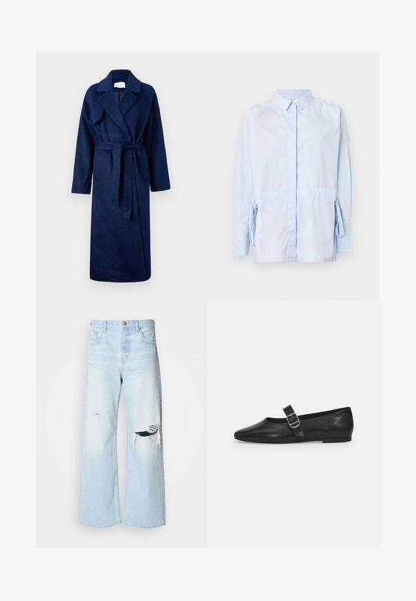 Robe bleu marine à manches longues avec un large col, une taille ceinturée, deux poches avant et un tissu doux et texturé.; Chemise à boutons bleu clair en tissu de coton. Dispose de manches longues avec des liens aux poignets et d'un col standard. Texture lisse.; Jean large bleu clair en denim, avec une taille haute, de grandes déchirures au niveau des genoux, et un design classique à cinq poches avec des accessoires en cuivre.; Chaussure plate en cuir noir avec un bout arrondi, une seule sangle réglable à boucle et une texture lisse et brillante. Design minimaliste avec un petit talon.