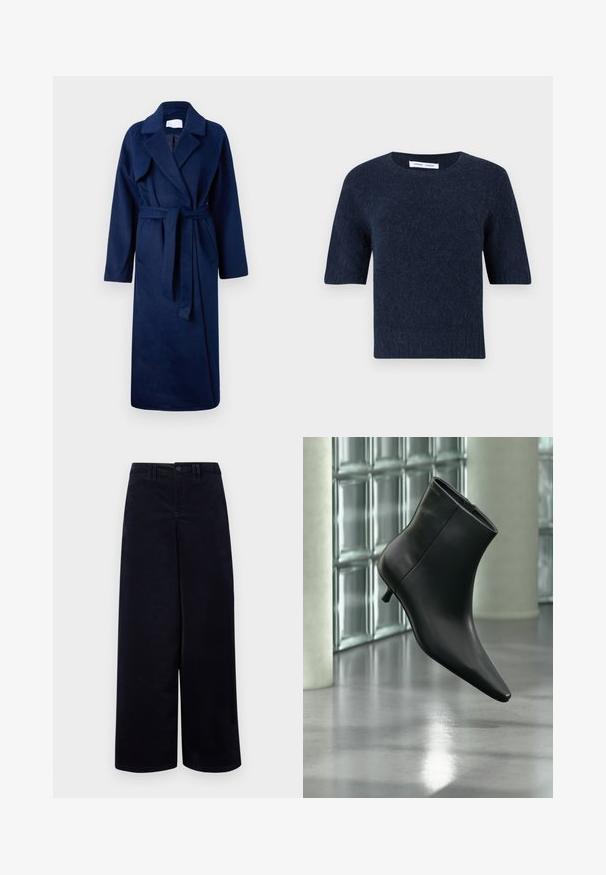 Robe bleu marine à manches longues avec un large col, une taille ceinturée, deux poches avant et un tissu doux et texturé.; Pull court en tricot flou bleu marine à manches courtes, avec un col rond et un ourlet droit, présenté sur fond blanc.; Pantalons larges bleu marine en tissu texturé. Présentent une fermeture à bouton à l'avant, des passants de ceinture et des poches de chaque côté.; Bottine en cuir noir à bout pointu et petit talon kitten, présentée en angle devant un sol poli et un mur en blocs de verre.