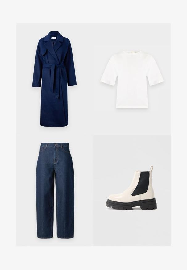 Navyblauwe, lange mouwen badjas met een brede kraag, ceintuur in de taille, twee voorkwant en een zachte, gestructureerde stof.; Wit T-shirt met korte mouwen en ronde hals, rechte pasvorm en een gladde stoftextuur, getoond op een vlakke lichtgrijze achtergrond.; Donkerblauwe hoge taille rechte spijkerbroek met knoopsluiting, riemlussen en voor- en achterzakken op een witte achtergrond.; Crème leren Chelsea boot met dikke zwarte zool en elastisch zwart zijpaneel tegen een plain witte achtergrond.