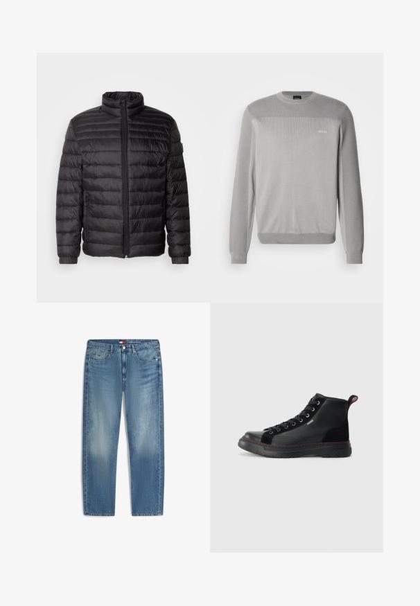 Sort dunjakke med horisontale syninger, høj krave og lynlås lukning. Har elastiske manchetter og sidelommer for ekstra funktionalitet.; Grå strikket sweater med lange ærmer, rund hals, ribstrikkede manchetter og kant. Har subtil teksturvariation og BOSS-logo på brystet.; Herrelysblå jeans med lige ben, forlommer, bæltestropper, knaplukning og diskret falmet detaljer på lårene.; Sorte højtop sneakers lavet af læder og suede, med flade snørebånd, en rød accentsting og en tekstureret sål for bedre greb.