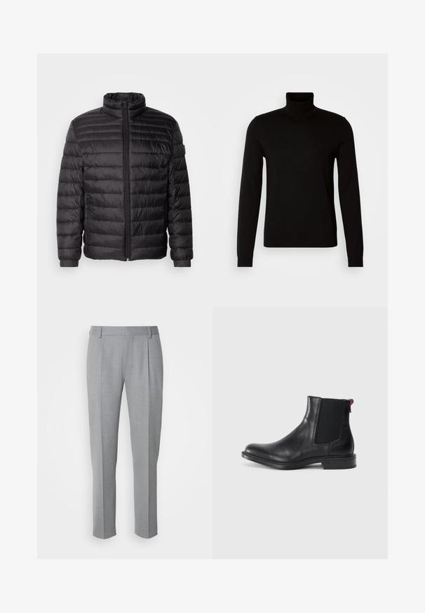 Schwarze Daunenjacke mit horizontalen Nähten, hohem Kragen und Reißverschluss. Verfügt über elastische Bündchen und Seitentaschen für zusätzliche Funktionalität.; Schwarzer Rollkragenpullover aus feiner Strickware, mit langen Ärmeln und taillierter Silhouette. Glatte Textur mit gerippten Bündchen.; Grau zugeschnittene Hosen mit glatter Textur, flachem Frontbereich, geraden Beinen und dezenten Falten für zusätzliche Details.; Schwarze Leder-Chelsea-Stiefel mit elastischen Seitenteilen, runder Zehenform und niedrigem gestapeltem Absatz. Mit rotem Zugband und dezenten Branding an der Seite.
