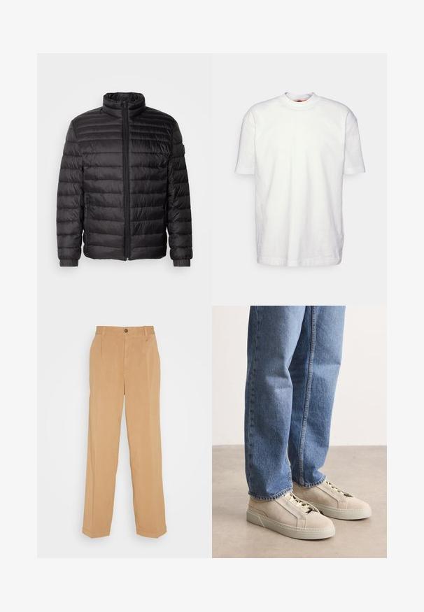 Schwarze Daunenjacke mit horizontalen Nähten, hohem Kragen und Reißverschluss. Verfügt über elastische Bündchen und Seitentaschen für zusätzliche Funktionalität.; BOSS TEETIMM - T-Shirt basic - white; Beige weite Hose aus weichem Stoff, mit zwei frontalen Taschen, einem Knopfverschluss und Bügelfalten entlang der Beine.; BOSS GARYTENN_SDHDEL - Sneaker low - natural ten