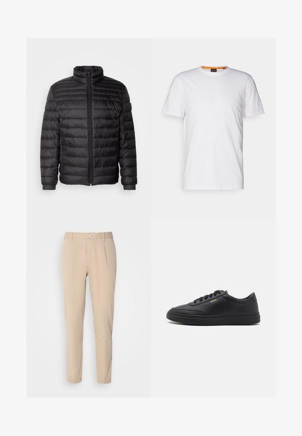 Sort dunjakke med horisontale syninger, høj krave og lynlås lukning. Har elastiske manchetter og sidelommer for ekstra funktionalitet.; Hvid bomulds T-shirt med rund hals, korte ærmer og et subtilt præget logo på brystet. Indvendigt mærke har en orange detalje.; Beige bukser med en slim fit, lavet af vævet materiale. Har en enkelt knaplukning, plisseret front og lige ben.; Sorte lædersneakers med en glat overflade, rund tå, flad gummisål og tonede snørebånd. Udstyret med guld "BOSS" branding på siden.