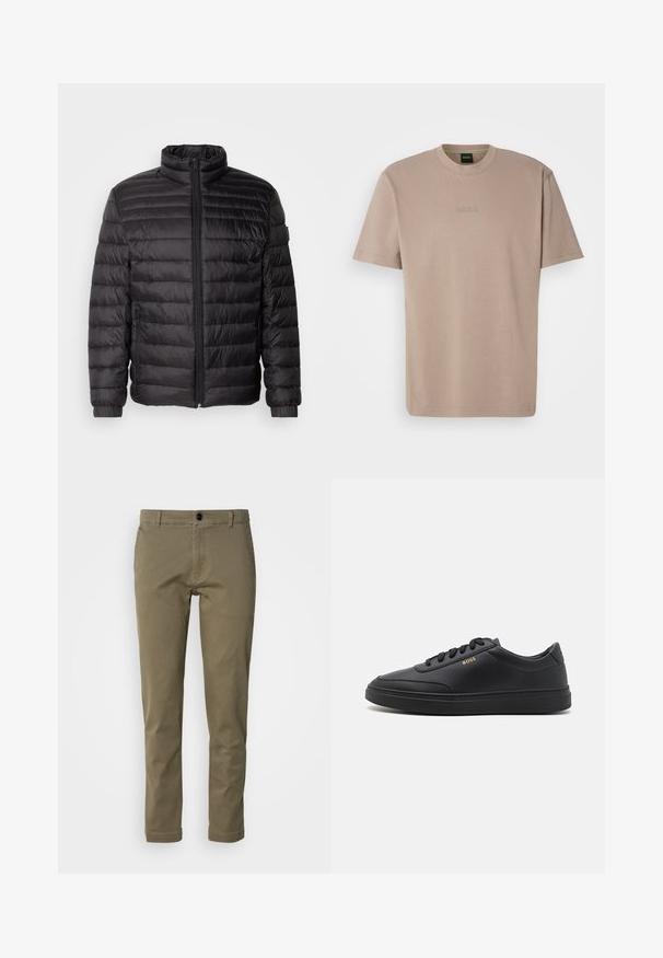 Chaqueta de plumón negra con costuras horizontales, cuello alto y cierre de cremallera. Cuenta con puños elásticos y bolsillos laterales para mayor funcionalidad.; Camiseta de algodón suave color beige con mangas cortas y cuello redondo, que presenta un logo bordado de "BOSS" en el pecho.; Pantalones de algodón verde oliva con corte recto, que cuentan con un cierre de botón en la parte delantera y dos bolsillos laterales. Textura suave y detalles mínimos.; Zapatillas de cuero negro con una textura suave, punta redondeada, suela plana de goma y cordones a tono. Presentan el logotipo dorado "BOSS" en el lateral.