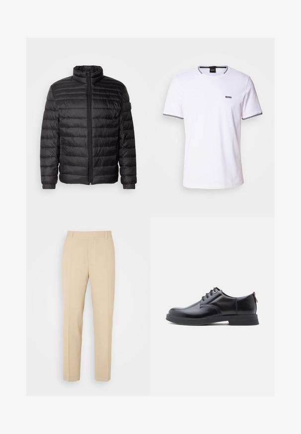 Schwarze Daunenjacke mit horizontalen Nähten, hohem Kragen und Reißverschluss. Verfügt über elastische Bündchen und Seitentaschen für zusätzliche Funktionalität.; Weißes Baumwoll-T-Shirt mit kurzen Ärmeln, das über einen runden Halsausschnitt und schwarze Streifen am Kragen und den Ärmelabschlüssen verfügt. Kleines "BOSS"-Logo auf der Brust.; Beige maßgeschneiderte Hosen mit geradem Bein, aus leichtem Stoff, mit zwei vorderen Taschen und ordentlich gebügelten Falten.; Schwarze Leder-Schnürschuhe mit glatter Textur, rundem Zehenbereich und dezenten Ziernähten. Mit einem roten Laschenband an der Ferse.