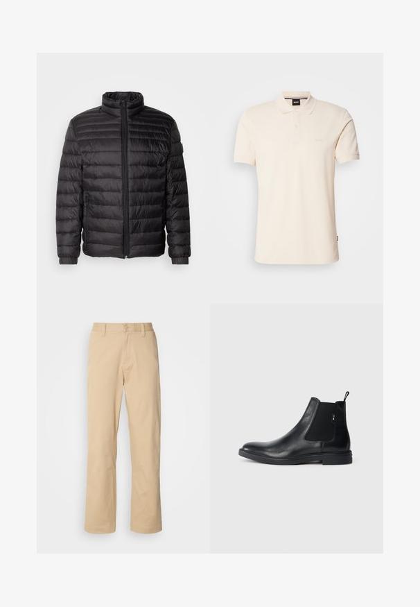 Zwarte donsjack met horizontale stiksels, hoge kraag en ritsluiting. Voorzien van elastische manchetten en zijzakken voor extra functionaliteit.; Beige polo-shirt van katoen, met een kraag en een twee-knopen sluiting. "BOSS" logo geborduurd op de borst, korte mouwen, eenvoudig ontwerp.; HUGO ZAYN - Broek - medium beige; Zwarte leren Chelsea-boots met elastische zijpanelen, een treklipje en een vlakke rubberen zool. Gladde textuur met minimale details.