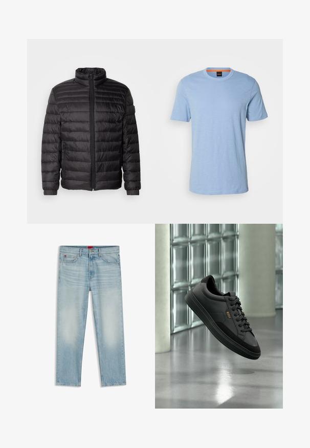 Zwarte donsjack met horizontale stiksels, hoge kraag en ritsluiting. Voorzien van elastische manchetten en zijzakken voor extra functionaliteit.; Lichtblauw T-shirt met korte mouwen, gemaakt van zacht materiaal. Heeft een ronde hals en een subtiel reliëflogo op de borst.; Lichtblauwe spijkerbroek met een rechte pijp, vijf zakken, knoop- en ritssluiting, en subtiele vervaging op de dijen en knieën.; Zwarte leren lage sneaker met zwarte veters en gouden "BOSS"-logo, zwevend in de lucht tegen een glasblokmuur en grijze vloer.