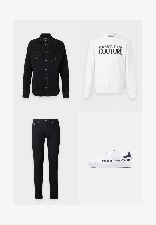 Zwarte, gestructureerde blouse met lange mouwen, twee borstzakken en zilverkleurige knopen aan de voorkant. Gemaakt van geweven stof met een gestructureerd design.; Witte sweater met lange mouwen en ronde hals, met zwarte tekst "Versace Jeans Couture" gedrukt op de borst.; Zwarte denim jeans met een slim fit, voorzien van goudkleurige hardware, vijf zakken en een klein merkembleem op de rechterzak.; Witte lage sneaker met zwart hielstuk, vetersluiting en het logo "Versace Jeans Couture" in zwart op de zijkant gedrukt.