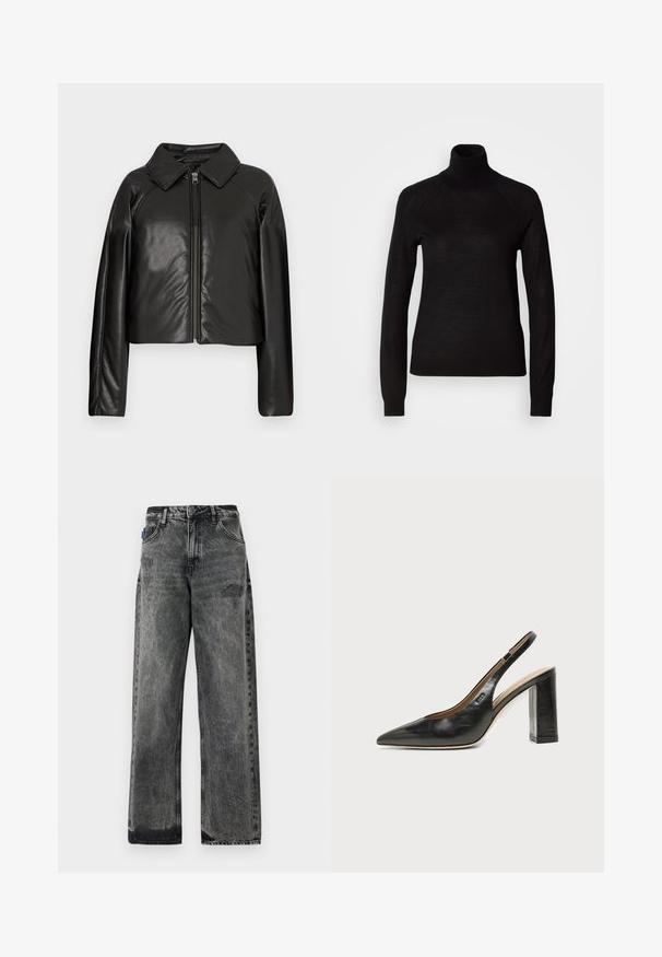 Sort kunstlæder cropped jakke med krave og lynlåslukning. Har lange ærmer og en glat, blank tekstur.; Sort turtleneck sweater lavet af et let strikket stof. Har lange ærmer og en tætsiddende silhuet med raglan-sømme.; Bredde ben sorte denimjeans med en falmet vask, slidte detaljer foran og standard fem-lomme design.; Sort læder peep-toe slingback sko med høj blokhæl og beige indvendig foring mod en ensfarvet lys baggrund.