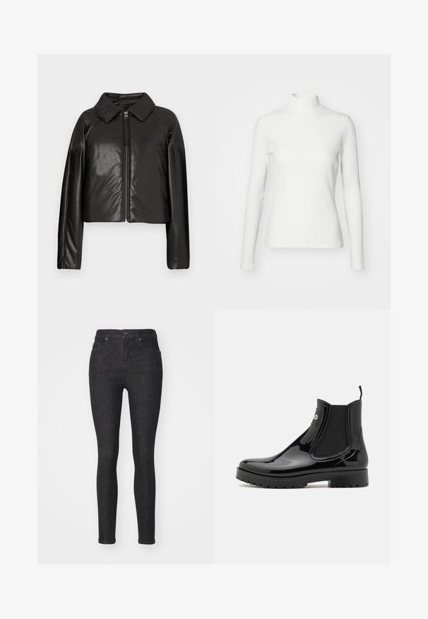 Sort kunstlæder cropped jakke med krave og lynlåslukning. Har lange ærmer og en glat, blank tekstur.; Hvid ribbet turtleneck blouse med lange ærmer, lavet af elastisk stof. Har et tætsiddende design og høj hals for god dækning.; Sorte denim skinny jeans med en tætsiddende form, klassisk fem-lomme design, frontknaplukning og diskrete syninger.; HUGO TABITA - Gummistøvler - black