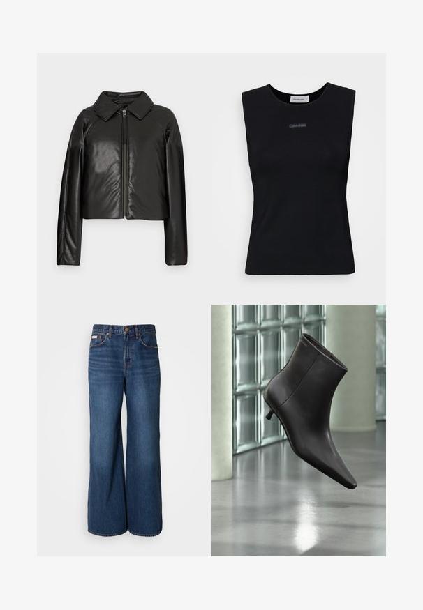 Chaqueta corta de imitación piel negra con cuello con solapa y cierre de cremallera. Presenta mangas largas y una textura suave y brillante.; Top negro sin mangas de tejido suave. Presenta un cuello redondo y un pequeño logo de Calvin Klein en el centro. Diseño simple y ajustado.; Vaqueros de pierna ancha hechos de denim azul oscuro. Incluyen una cintura alta, cinco bolsillos y costuras en contraste de color naranja a lo largo de las costuras.; Bota de cuero negro para el tobillo con puntera puntiaguda y tacón pequeño, exhibida frente a una pared de bloques de vidrio y un suelo pulido.