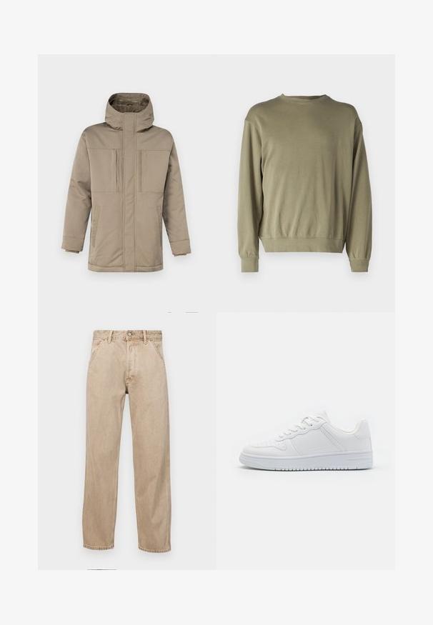 Beige winterjack met een hoge kraag, een ritssluiting aan de voorkant en twee borstzakken met kleppen. Gemaakt van een gladde, duurzame stof.; Olijfgroene sweatshirt met lange mouwen, gemaakt van een zachte katoenmix. Bevat een ronde halslijn en geribbelde manchetten met een ontspannen pasvorm.; Beige denim jeans met een recht gesneden ontwerp, voorzien van voorzakken, een metalen knoopsluiting en een subtiele textuur.; Witte sneakers van glad synthetisch materiaal, met platte veters, geperforeerde neus en een rubberen zool met een gestructureerd grippatroon.