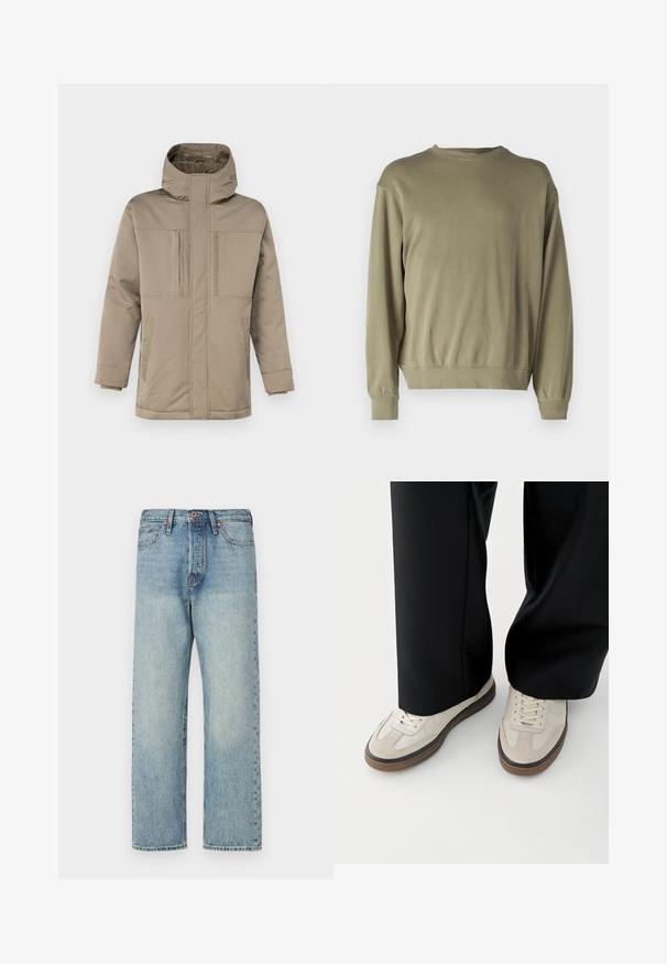 Veste d'hiver beige avec un col haut, une fermeture éclair à l'avant et deux poches poitrine avec rabats. Fabriquée dans un tissu lisse et durable.; Sweatshirt olive green à manches longues en coton mélangé doux. Dispose d'un col rond et de poignets côtelés avec une coupe décontractée.; Jeans en denim bleu clair avec une coupe droite, cinq poches et des détails en bronze. Légère décoloration avec une finition propre.; Pieds portant des baskets beige avec des semelles marron et un pantalon noir à jambes larges sur fond blanc.