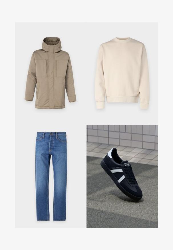 Beige winterjack met een hoge kraag, een ritssluiting aan de voorkant en twee borstzakken met kleppen. Gemaakt van een gladde, duurzame stof.; Lichtbeige sweatshirt met ronde hals, geribde manchetten en zoom. Gemaakt van zachte stof met een gladde textuur. Minimalistisch ontwerp, zonder patronen.; Blauwe denim jeans met een rechte pijp, klassieke vijf-pocketontwerp, koperen stiksels en een vervaagde wasbeurt voor een versleten look.; Zwarte leren sneaker met witte strepen, een gestructureerde rubberen zool en vetersluiting aan de voorkant. Voorzien van een merklabel op de tong.