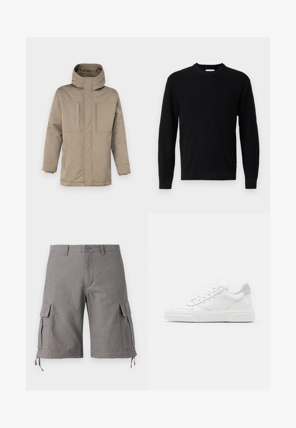 Beige talvijakku, jossa on korkea kaulus, etuvetoketju ja kaksi rintataskua läppien kanssa. Valmistettu sileästä ja kestävästä kankaasta.; Musta pitkähihainen paita, jossa pyöreä pääntie, resorikuvio ja vartalonmyötäiset hihansuut, esitetty yksinkertaisella vaaleanharmaalla taustalla.; Harmaat cargo-shorts, jotka on valmistettu puuvillasekoitekankaasta. Ominaisuuksiin kuuluvat sivutaskut, säädettävät nyörit helmassa ja napitus.; Valkoiset nahkakengät, joissa on sileä pinta, pyöreä kärki, litteät nauhat ja teksturoitu pohja. Harmaa mokkanahka korostaa kantapäätä.