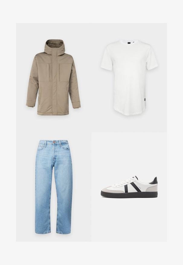 Veste d'hiver beige avec un col haut, une fermeture éclair à l'avant et deux poches poitrine avec rabats. Fabriquée dans un tissu lisse et durable.; T-shirt blanc à manches courtes en coton, avec un col rond et un dos légèrement allongé, arborant un petit logo sur le côté.; Jean en denim bleu clair avec une coupe droite, design cinq poches et fermeture à bouton. Texture lisse et décoloration minimale avec des accents cousus.; Baskets blanches avec des accents noirs et gris, présentant un embout texturé gris, une semelle en caoutchouc noir et des lacets plats blancs. Design épuré, style minimaliste.