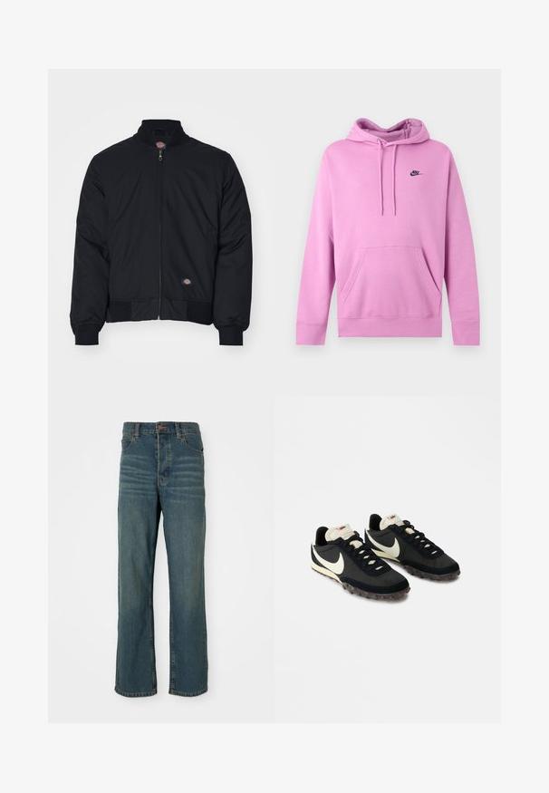 Chaqueta bomber negra de nailon, con cremallera frontal, cuello alto, puños elásticos y un pequeño logotipo en el lado izquierdo.; Sudadera con capucha Nike color rosa claro con bolsillo delantero y cordones, con pequeño logo negro de Nike en el pecho izquierdo.; Jeans de mezclilla azul con un diseño de pierna recta, que cuentan con cinco bolsillos, un cierre de botón y un ligero desgaste en la parte frontal.; Zapatillas deportivas negras con una parte superior texturizada, logo de swoosh blanco y suela de goma con pequeñas puas para tracción. Cuello en color crema.
