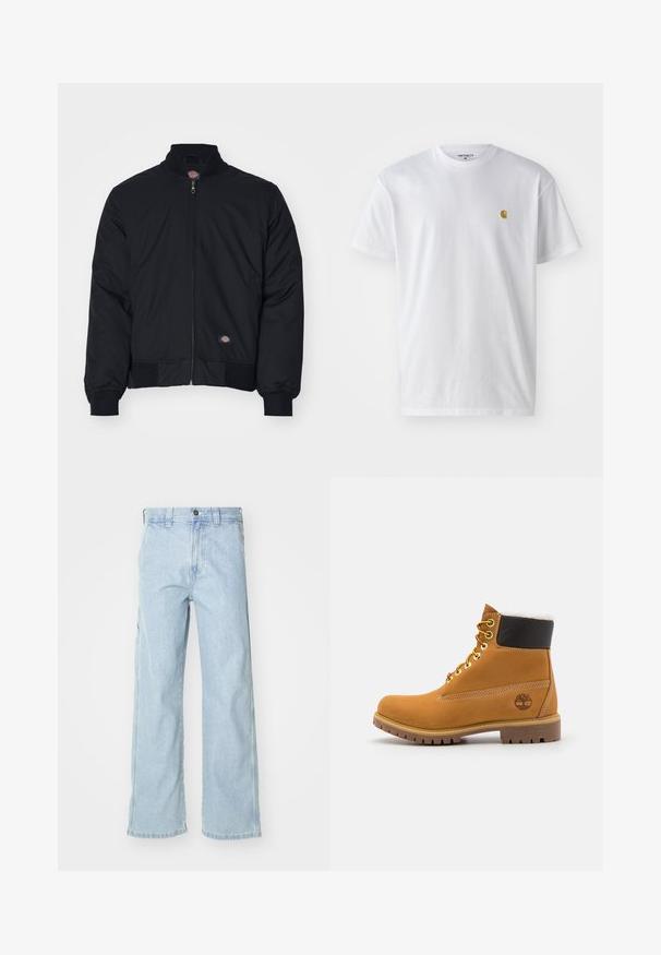 Chaqueta bomber negra de nailon, con cremallera frontal, cuello alto, puños elásticos y un pequeño logotipo en el lado izquierdo.; Camiseta de algodón blanca con mangas cortas, cuello redondo, que presenta un pequeño logo dorado en la parte izquierda del pecho. Textura suave y corte regular.; Jeans de mezclilla azul claro con un corte relajado, presentan una cintura alta, bolsillos frontales y un diseño de pierna recta. Las superficies tienen una textura suave.; Botín de cuero marrón con ojales de metal, forro de piel sintética blanca, cuello acolchado negro, suela resistente y logotipo en relieve en el costado.