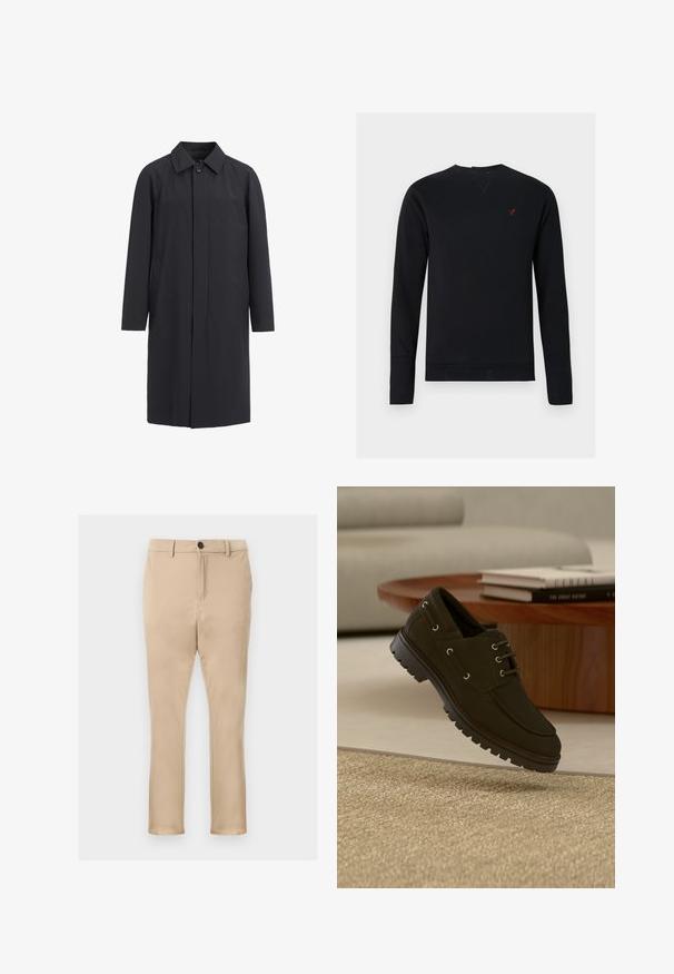 Lang sort frakke lavet af letvægtsmateriale. Har en kravehalset, frontknaplukning og sidelommer. Glat tekstur, minimalistisk design.; Sort sweatshirt lavet af bomuld med lange ærmer, rund hals, ribstrikkede manchetter og en lille rød fuglelogo på brystet.; Beige chinos lavet af glat stof, med lige ben, lommer foran og en enkelt sort knaplukning i taljen.; Sort lædersko med snørebånd og tyk gummisål, svævende over beige tekstureret tæppe nær et træ-sofabord og stakkede bøger.