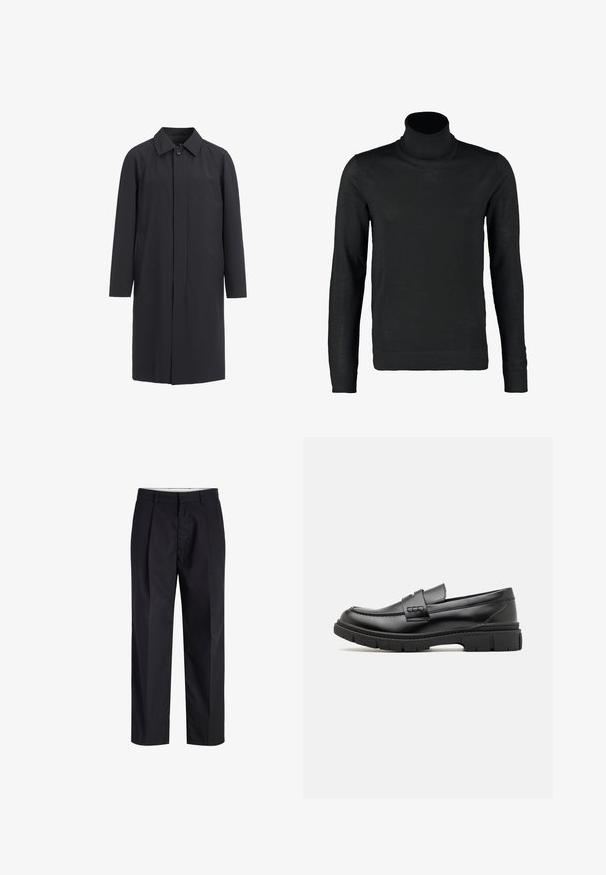 Lang sort frakke lavet af letvægtsmateriale. Har en kravehalset, frontknaplukning og sidelommer. Glat tekstur, minimalistisk design.; Lindbergh ROLL NECK - Striktrøje - black; Sorte bukser med lige ben med taljebånd, bæltestropper, frontlynlås og sidelommer vist på en hvid baggrund.; Sort læder loafersko med en bred rem over forfoden, gummisål med tykke mønstre og glat overflade. Klassisk, slankt design.