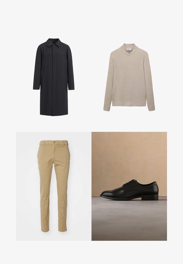 Lang sort frakke lavet af letvægtsmateriale. Har en kravehalset, frontknaplukning og sidelommer. Glat tekstur, minimalistisk design.; Beige ribbet striktrøje med høj krave og lynlås i halv længde. Lange ærmer og en tætsiddende kantdesign fremhæver det strukturerede udseende.; Khaki bukser lavet af letvægtsbomuld, med en slim-fit design, glat tekstur og standard talje med knaplukning foroven.; Sort lædersko svæver over beige vævet tæppe, med rundt træ sofabord og stablede bøger i blød fokus i baggrunden.
