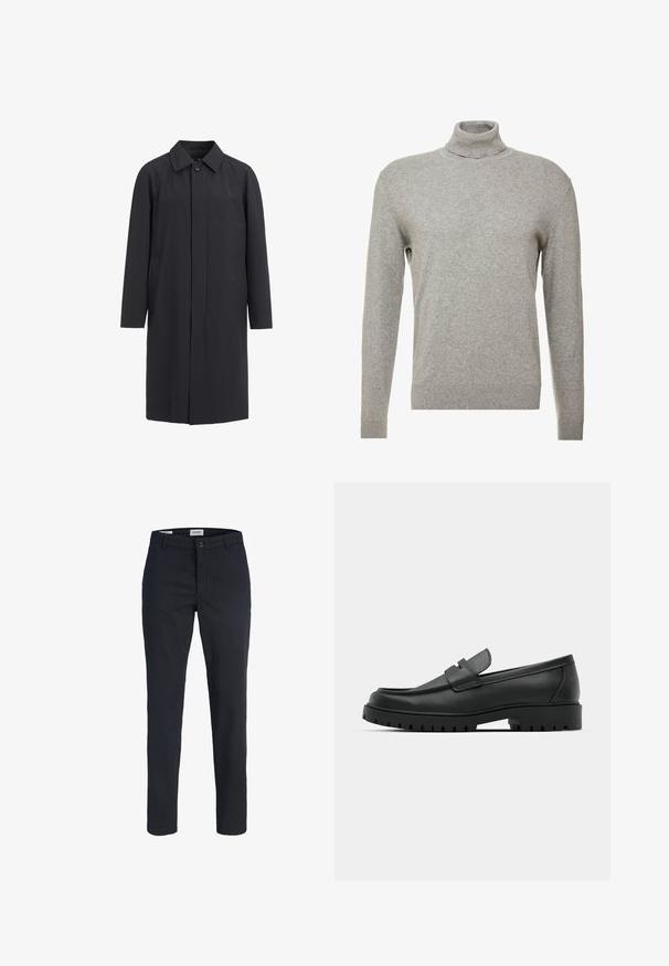 Lange zwarte jas van lichtgewicht materiaal. Kenmerken zijn een kraag, sluiting met knopen aan de voorkant en zijzakken. Gladde textuur, minimalistisch ontwerp.; Grijze pullover trui met een hoge hals en lange mouwen. Gemaakt van een gladde, zachte stof met een nauwsluitend ontwerp en geribbelde accenten aan de zoom.; Zwarte slim-fit herenkleding met knoop- en ritssluiting, riemlussen en voorzakken.; Zwarte leren instappers met een ronde neus, voorzien van een gestikt ontwerp, een lage platformzool en een gestructureerde, grof rubberen buitenzool.
