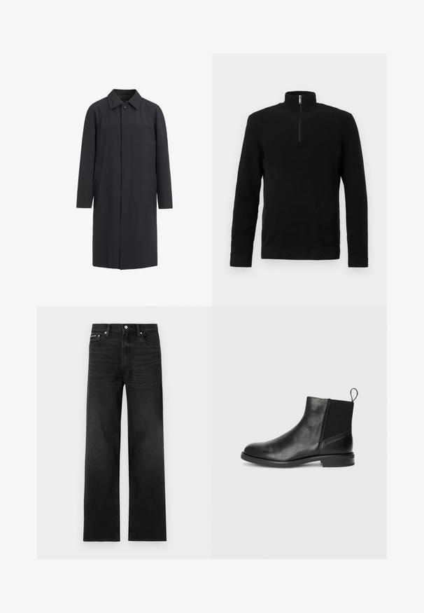 Lang sort frakke lavet af letvægtsmateriale. Har en kravehalset, frontknaplukning og sidelommer. Glat tekstur, minimalistisk design.; Sort langærmet tekstureret pullover-trøje med halv lynlås og høj krave samt ribstrikkede manchetter og kant, vist på hvid baggrund.; Sorte jeans med lige ben, fem-lomme design, bæltestropper og knaplukning, vist på en hvid baggrund.; Sorte læder ankelstøvler med elastiske sidepaneler, rund tå, lav blokhæl og en strop bagpå for nem påtagning.