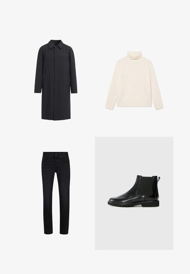 Lang sort frakke lavet af letvægtsmateriale. Har en kravehalset, frontknaplukning og sidelommer. Glat tekstur, minimalistisk design.; Cremefarvet ribbet turtleneck sweater lavet af blødt stof, med lange ærmer og en afslappet pasform, samt en foldet krave og kant.; Sorte denimjeans med lige ben, kobberdetaljer, diskret slid og klassisk fem-lomme design. Designet til alsidighed og komfort.; Sort læder Chelsea støvle med elastiske sidepaneler, afrundet tå og struktureret gummisål. Har en trækstrop på bagsiden.