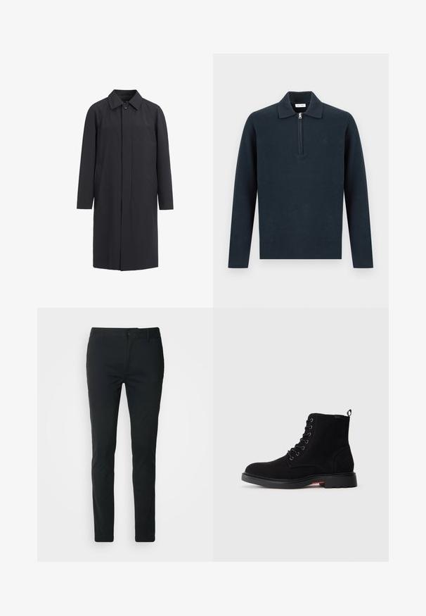 Lange zwarte jas van lichtgewicht materiaal. Kenmerken zijn een kraag, sluiting met knopen aan de voorkant en zijzakken. Gladde textuur, minimalistisch ontwerp.; Donkerblauwe pullover met lange mouwen, kraag en halve ritssluiting aan de voorkant, getoond tegen een effen lichte achtergrond.; Zwarte chinos met een slim fit. Gemaakt van gladde katoenstof, met een knoopsluiting en riemlussen. Geen zichtbare patronen of accenten.; Zwarte suede enkellaarzen met een ronde neus, vetersluiting aan de voorkant en een rubberen zool met een gestructureerde afwerking en een rode accent op de hak.