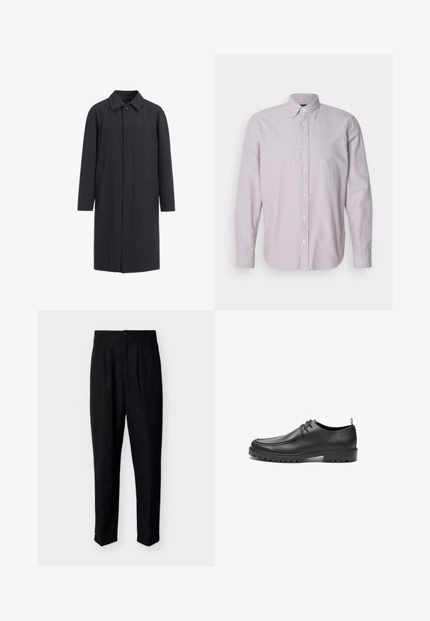 Lang sort frakke lavet af letvægtsmateriale. Har en kravehalset, frontknaplukning og sidelommer. Glat tekstur, minimalistisk design.; Skjorte med knapper i lys lilla og hvide striber, lavet af bomuldsstof, lange ærmer og en nedknappet krave, med gule knapper og slidser i siden.; Sorte skræddersyede herrebukser med knaplukning, bæltestropper, forreste læg, sidelommer og opbukket kant.; Sorte lædersko med en glat overflade, rund tå og dekorativ stikning. Har en gummisål med skridsikre spor og snørebåndsdesign.