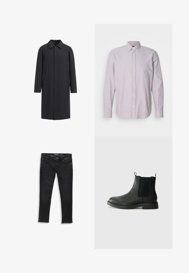 Lang sort frakke lavet af letvægtsmateriale. Har en kravehalset, frontknaplukning og sidelommer. Glat tekstur, minimalistisk design.; Skjorte med knapper i lys lilla og hvide striber, lavet af bomuldsstof, lange ærmer og en nedknappet krave, med gule knapper og slidser i siden.; Sorte denim jeans med regulær pasform, med lynlåsgylp, knaplukning og fem lommer. Glat tekstur og klassisk design.; Sorte læder chelsea støvler med elastiske sidepaneler, trækflapper, rund tå og tekstureret gummisål. Glat overflade og robust design.