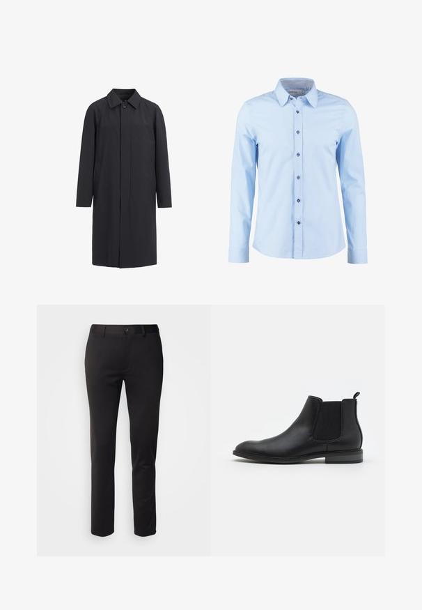 Lang sort frakke lavet af letvægtsmateriale. Har en kravehalset, frontknaplukning og sidelommer. Glat tekstur, minimalistisk design.; Lyseblå skjorte med lange ærmer, mørke knapper og ternet indvendig krave, knappet foran.; Sorte bukser i glat stof, med lige ben, frontlukning med knap og bæltestropper, vist på en hvid baggrund.; Sort læder Chelsea støvle med elastiske sidelapper, rund tå og trækflap, der har en lav blokhælt og glat overflade.
