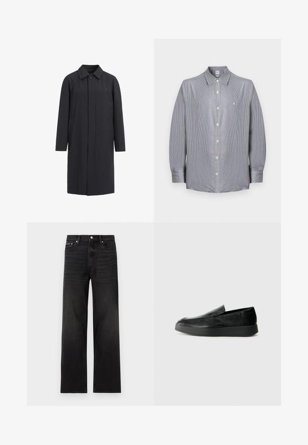 Lang sort frakke lavet af letvægtsmateriale. Har en kravehalset, frontknaplukning og sidelommer. Glat tekstur, minimalistisk design.; Herre langærmet skjorte med fine grå og hvide striber, spids krave og lille hvid broderet logo på brystet.; Sorte jeans med lige ben, fem-lomme design, bæltestropper og knaplukning, vist på en hvid baggrund.; Calvin Klein HYBRID CUP - Loafers - triple black