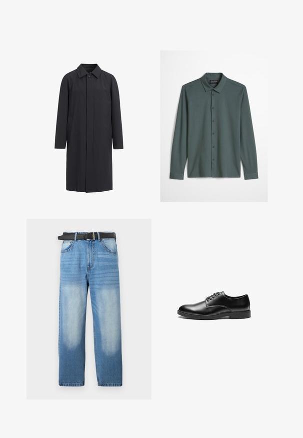 Lang sort frakke lavet af letvægtsmateriale. Har en kravehalset, frontknaplukning og sidelommer. Glat tekstur, minimalistisk design.; Herre langærmet skjorte med knapper i dæmpet blå-grå med klassisk krave og diskret broderet logo på brystet.; Lys blå denim jeans med lige ben, udstyret med et sort bælte, falmede pletter og subtil diagonalt mønster i den øverste sektion.; Sorte læderherresko med en glat overflade, rund tå, seks hul snøresystem og en flad gummisål.