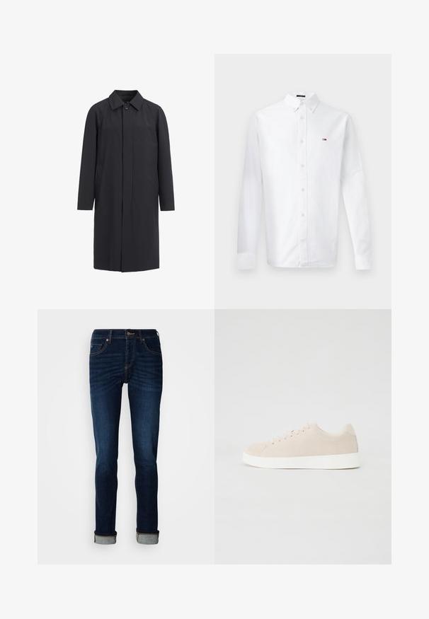 Lang sort frakke lavet af letvægtsmateriale. Har en kravehalset, frontknaplukning og sidelommer. Glat tekstur, minimalistisk design.; Hvid skjorte med knapper, krave, lange ærmer og et lille rødt, hvidt og blåt logo på venstre bryst. Fremstillet af bomuldsstof.; Dunkelblå jeans med lige ben, lynlås, og opkrøllede kanter. Fremstillet af denim med let falmende farve og kontrastfarvede syninger.; Beige ruskindsneakers med hvide gummisåler, rund tå og seks snøringshuller. Glat tekstur med minimalisk design.