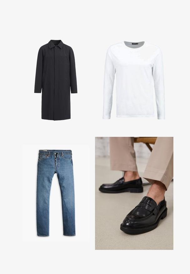 Lang sort frakke lavet af letvægtsmateriale. Har en kravehalset, frontknaplukning og sidelommer. Glat tekstur, minimalistisk design.; Hvid langærmet t-shirt lavet af bomuld, med rund hals og en glat tekstur. Ingen mønstre eller detaljer. Enkel design.; Blå denim jeans med lige ben, der har en knaplukning, fem lommer og en subtil falmet tekstur overalt.; Sorte lædermokkasiner med en glat overflade, der har en dekorativ rem og kontraststing, parret med beige bukser.