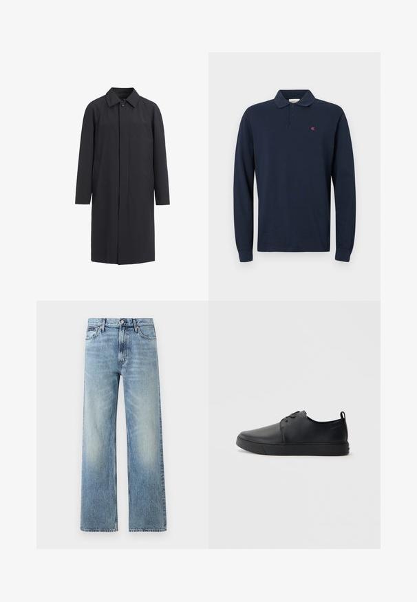 Lang sort frakke lavet af letvægtsmateriale. Har en kravehalset, frontknaplukning og sidelommer. Glat tekstur, minimalistisk design.; Marineblå langærmet polo skjorte med krave, to-knaps placket og et lille rødt CK-logo på venstre bryst. 100% bomuldsstof.; Lyseblå denim jeans med lige ben, højt talje, fem lommer, knaplukning og diskrete falmede områder på lår og knæ.; Sorte lædersneakers med en glat finish, rund tå, tonalt syning, snøring foran og en flad gummisål. Løkke ved hælen.